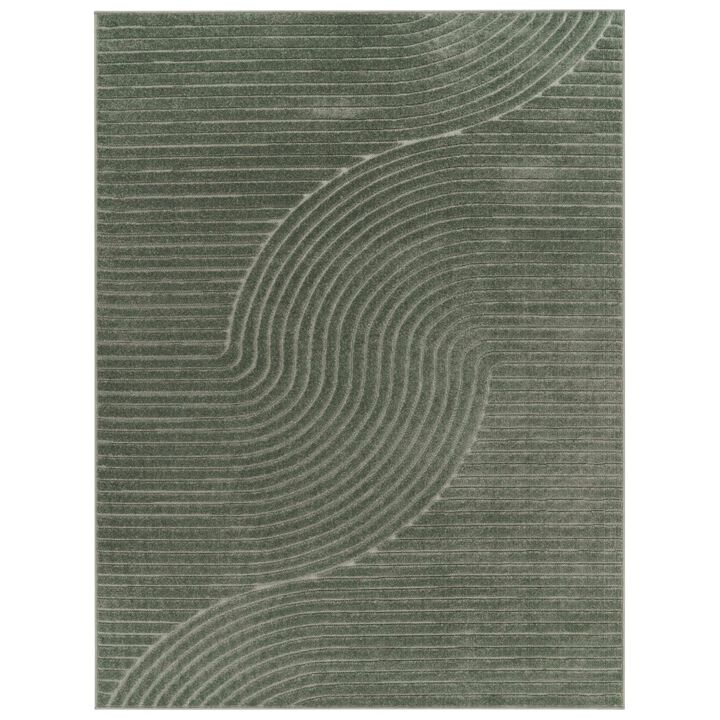 Modern Area Rug Minimalist Design with Curved Line Pattern in Cream / Green