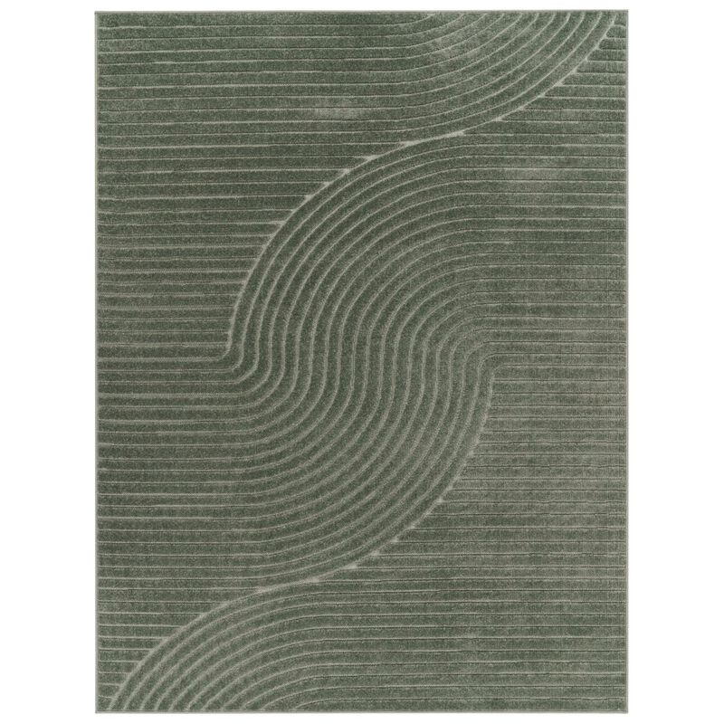 Modern Area Rug Minimalist Design with Curved Line Pattern in Cream / Green
