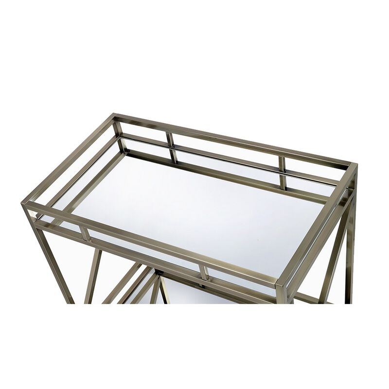 Metal Framed Two Tier Serving Cart with X Shaped Side Panels, Mirrored, Antique Gold-Benzara