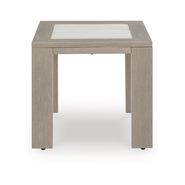 Isle Outdoor Square End Table, Woodlike Grayish Brown Metal, 22 Inch - Benzara