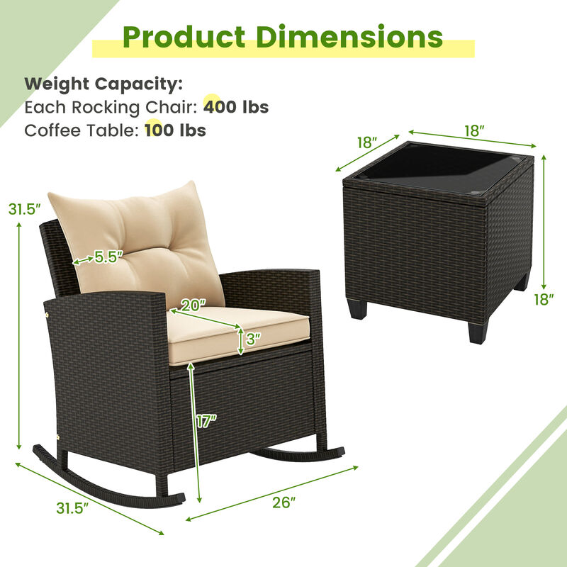 Patio Rattan Roker Chairs with Tempered Glass Table and Soft Cushions