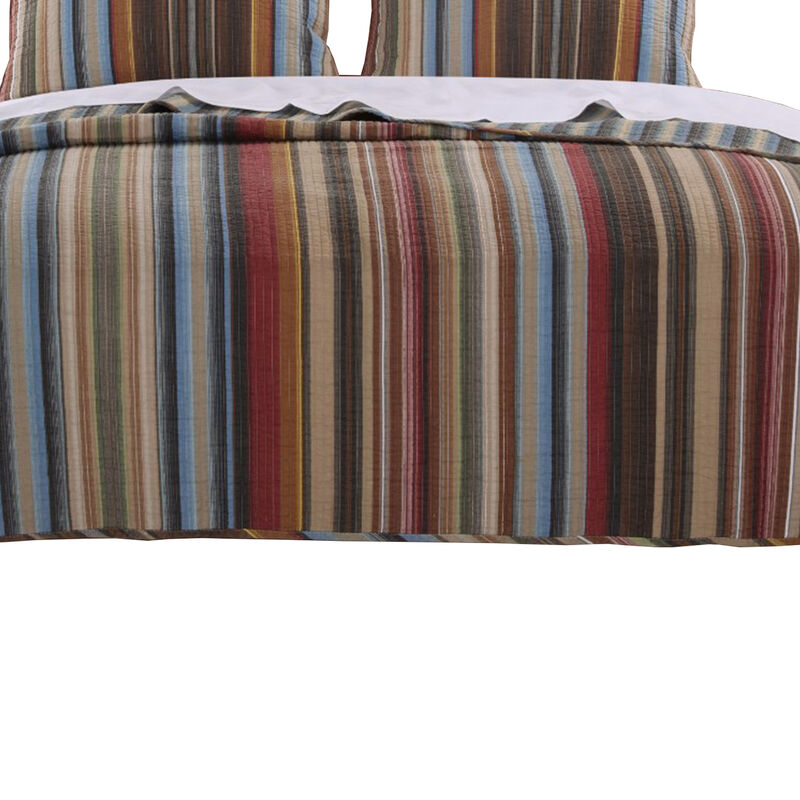 Phoenix Fabric 3 Piece Queen Size Quilt Set with Striped Prints, Multicolor - Benzara