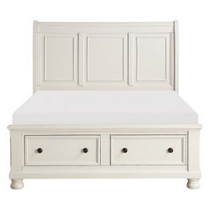 Bency Queen Sleigh Style Platform Bed, 2 Drawer Footboard, Bun Legs, White - Benzara