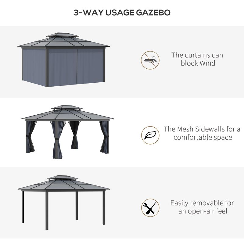 Black Alfresco Elegance: 10x12 Aluminum Hardtop Gazebo with Curtains