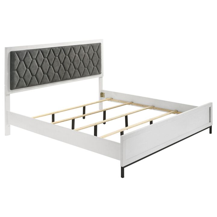 Noro King Size Bed, White Melamine, Hexagonal Tufted Upholstery - Benzara