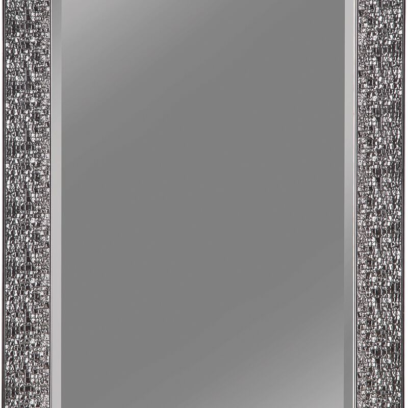 Rectangular Beveled Accent Floor Mirror with Glitter Mosaic Pattern, Gray-Benzara