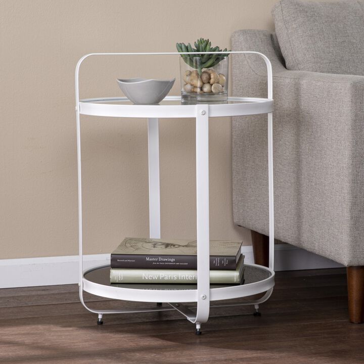 27"" White Glass And Iron Round End Table With Shelf