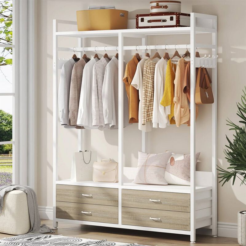 Hivvago Freestanding White Oak Garment Rack Clothes Hanging Rod with 4 Storage Drawers