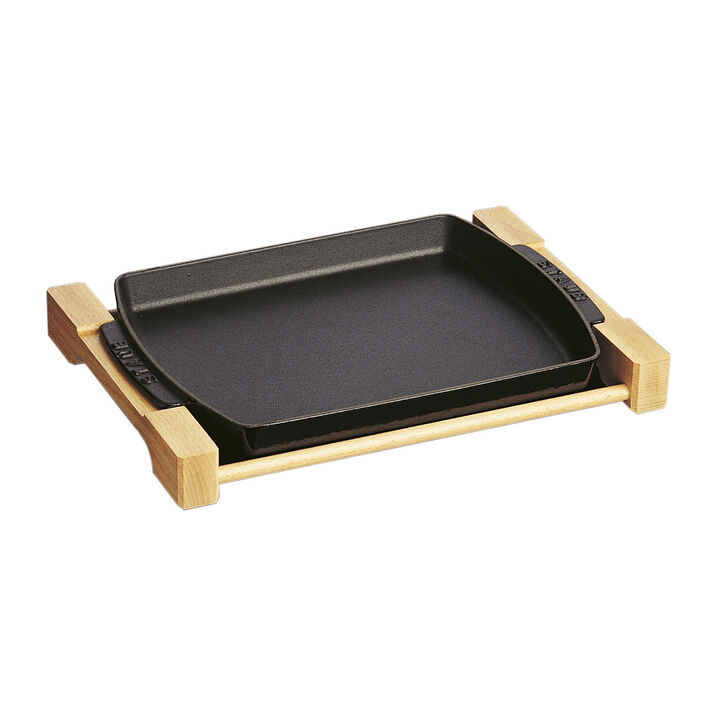 Staub Cast Iron 13 x 9-inch Rectangular Serving Dish with Wood Base - Matte Black