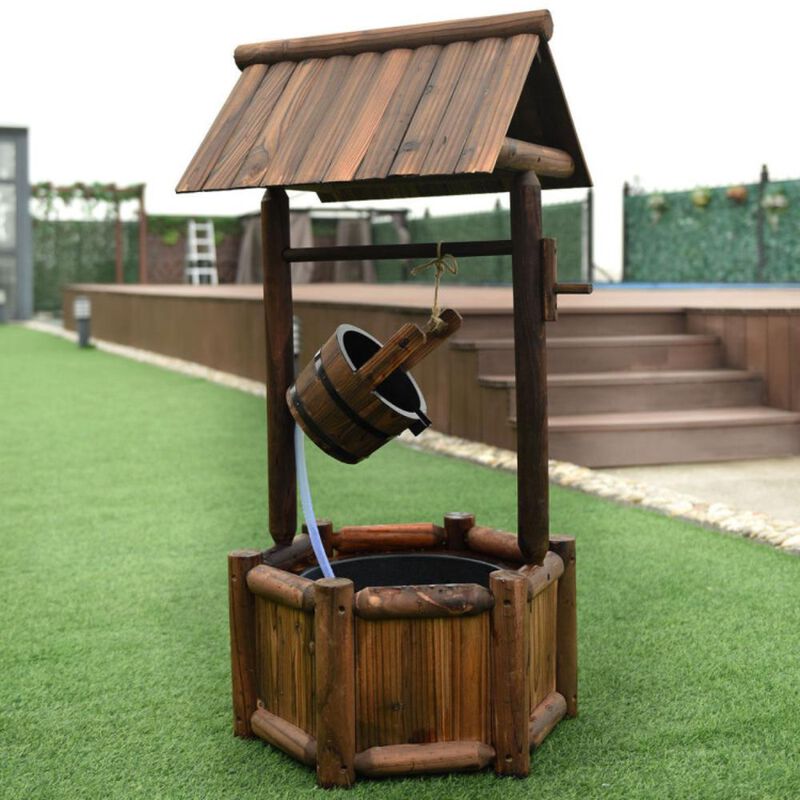 Hivvago Garden Rustic Wishing Well Wooden Water Fountain with Pump