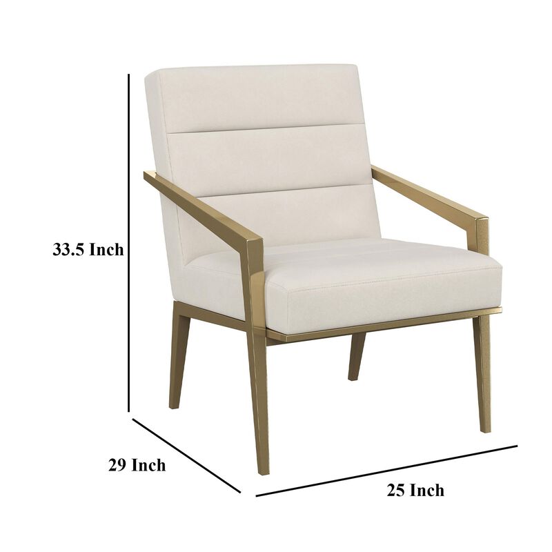 Kiara Accent Chair, Channel Tufted Cream Fabric, Gold Metal Frame - Benzara