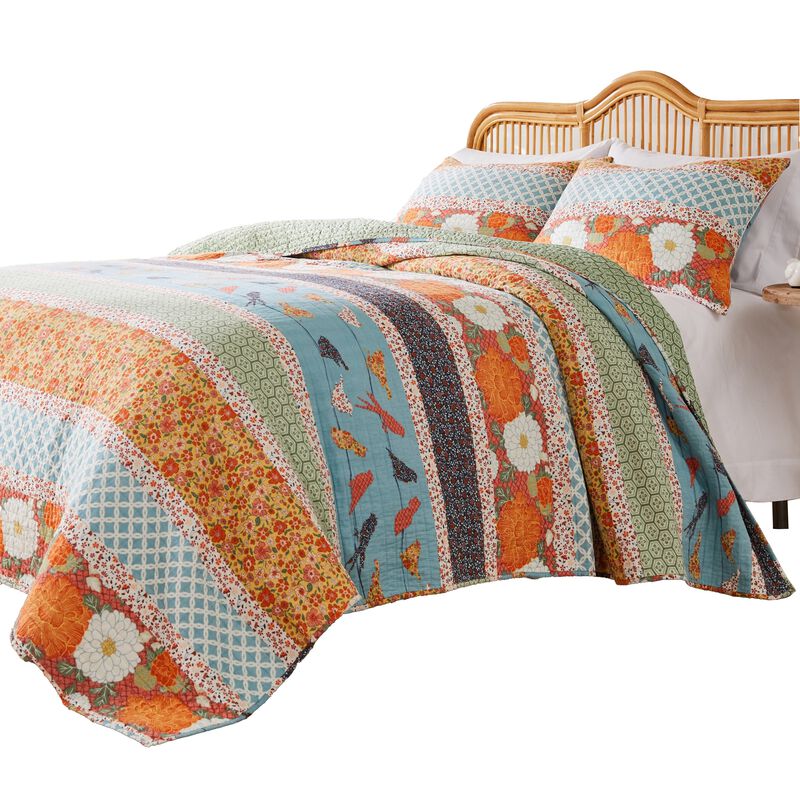 Nite 3pc King Quilt Set, Calico Floral Songbird Pattern, Cotton Microfiber