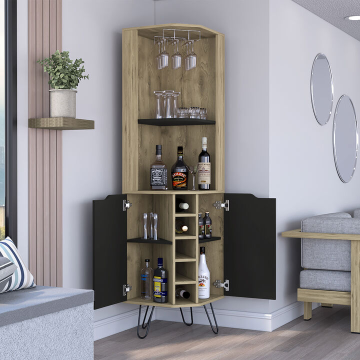 DEPOT E-SHOP Bursan Corner Cabinet Six Built-in Wine Rack, Two Shelves, Four Shelves, Macadamia / Black