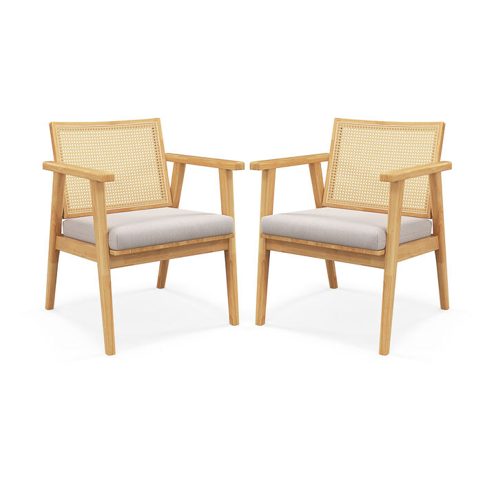 Mid Century Modern Accent Chairs Set of 2 with Breathable Rattan Back-Natural