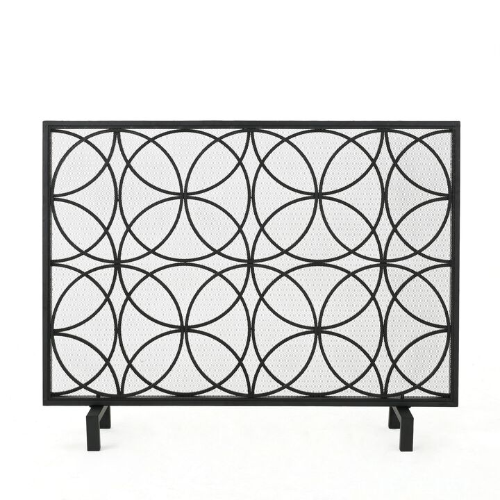 Fireplace Screen, Overlapping Circles w Mesh, 41x31 Matte Black Frame -Benzara