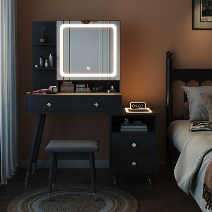LED Lighted Mirror Cabinet with 4 Drawers & 2-Tier Shelf, Solid Wood Legs