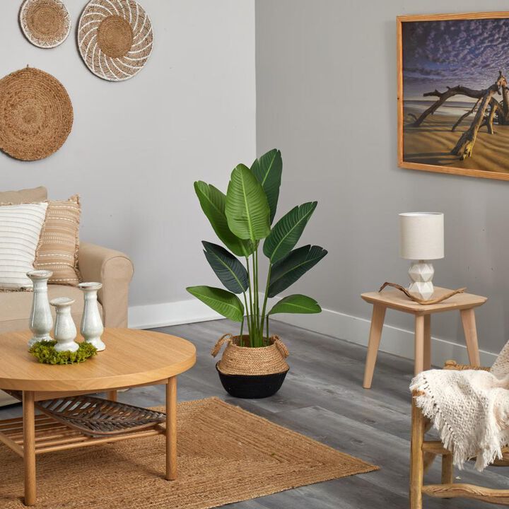Hivvago 4 Feet Travelers Palm Artificial Tree in Boho Chic Handmade Cotton & Jute Black Woven Planter