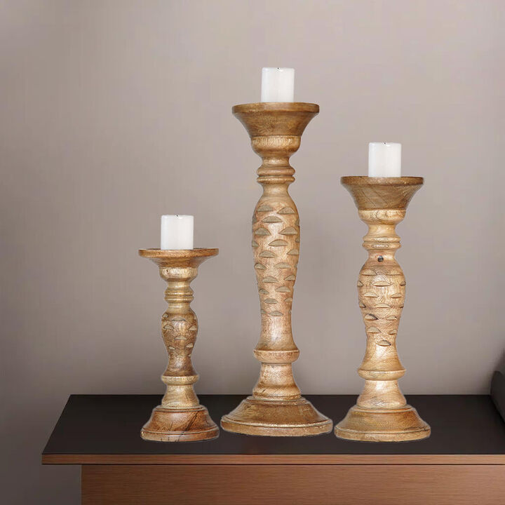 Traditional Wallnut Eco-friendly Handmade Mango Wood Set Of Three 9",12" & 15" Pillar Candle Holder