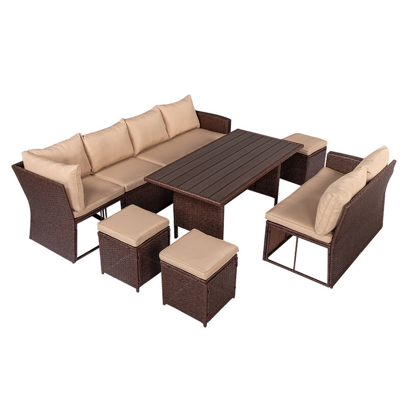 8-Piece Outdoor Rattan Dining Set, Wood Grain with Khaki Cushions