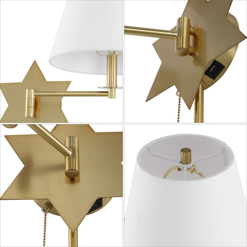 David Modern French Country Swing Arm Plug-In or Hardwired Iron LED Star Wall Sconce with Pull-Chain and USB Charging Port