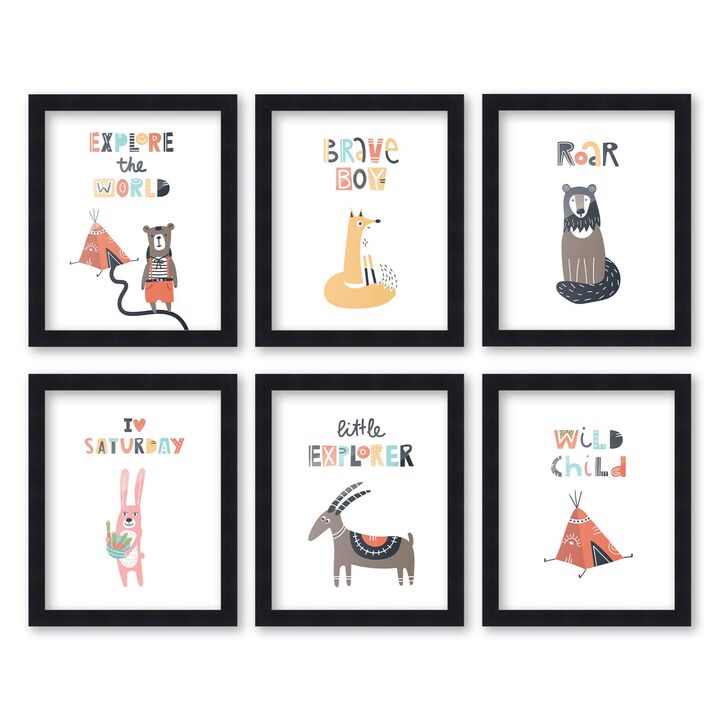 8x10 Framed Nursery Wall Art Set of 6 Hand Drawn Little Explorer Camping Prints in Black Wood Frames