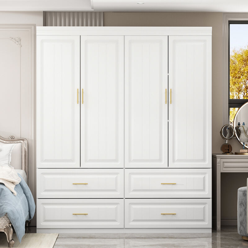 White Wood 63 in. W 4-Door Big Wardrobe Armoires with Hanging Rod, Drawers, Storage Shelves 74.2 in. H x 20.6 in. D