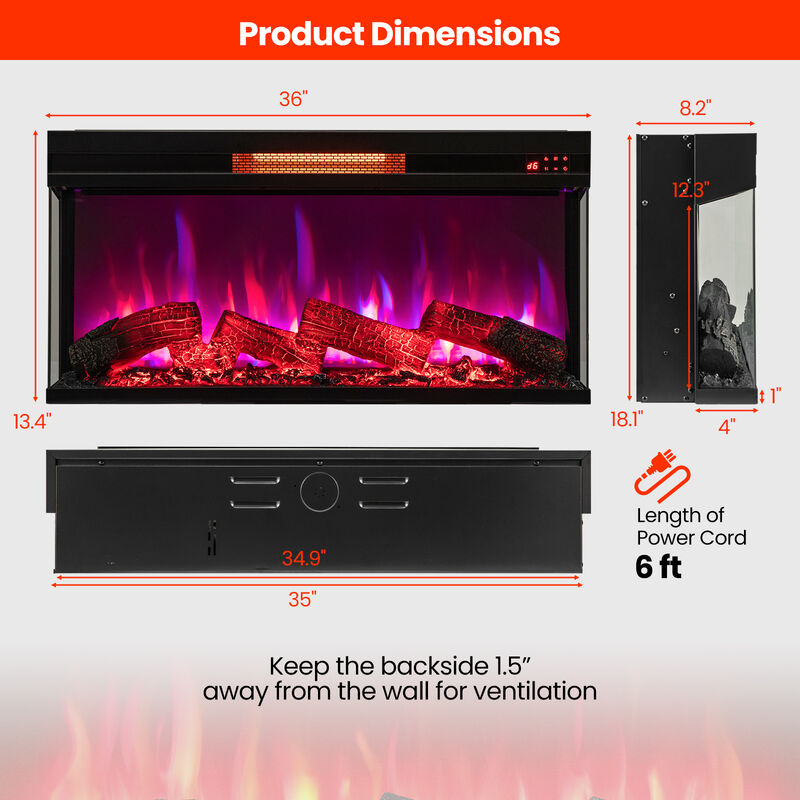 36-Inch 3-Sided Electric Fireplace, 1500W with 7-Color Flame for Stunning Ambiance