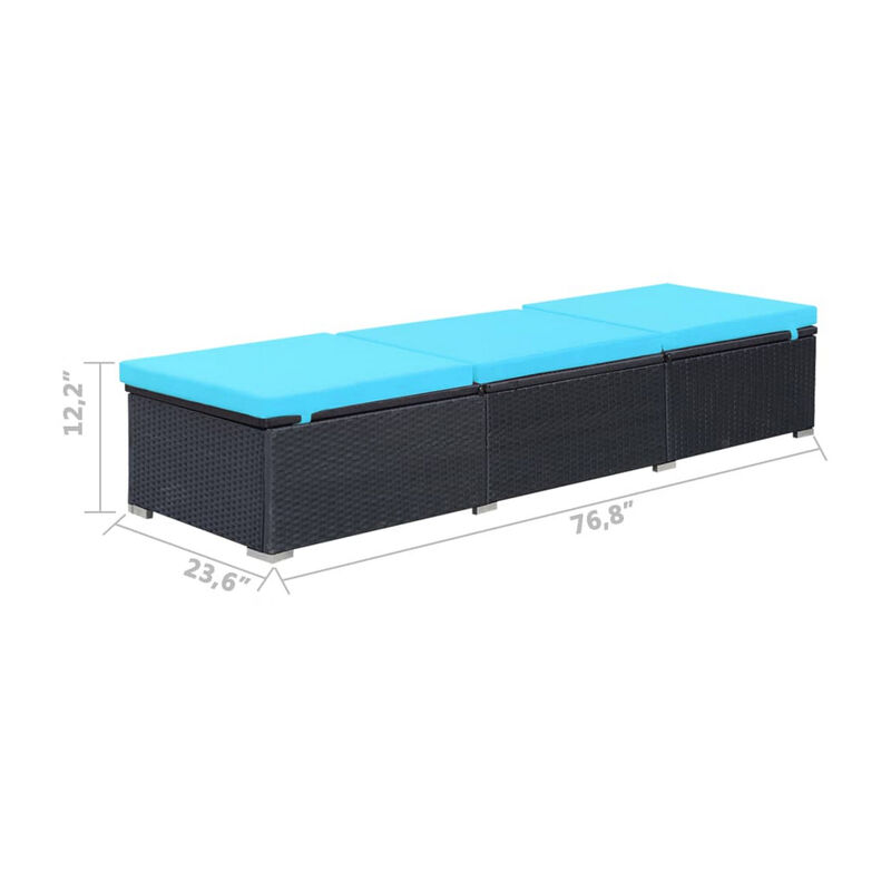Nino Adjustable Outdoor Sun Lounger Chaise, Blue Cushion, Black Rattan - Benzara