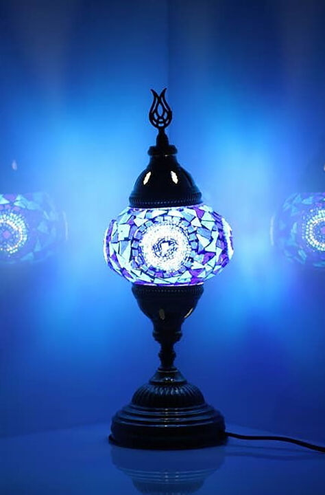 14.5 in. Handmade Blue Center Circle Mosaic Glass Table Lamp with Brass Color Metal Base