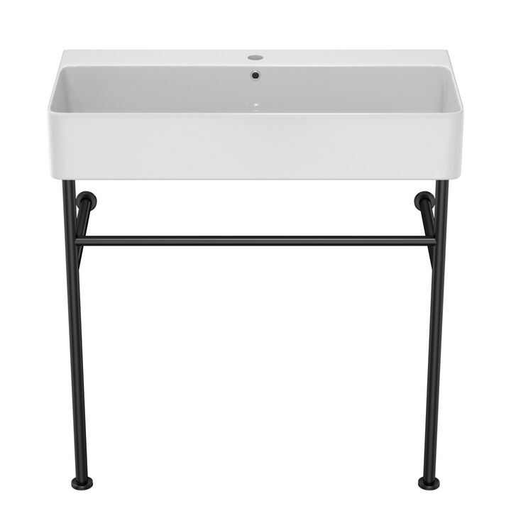 32" Bathroom Console Sink With Overflow, Ceramic Console Sink White Basin Black Legs