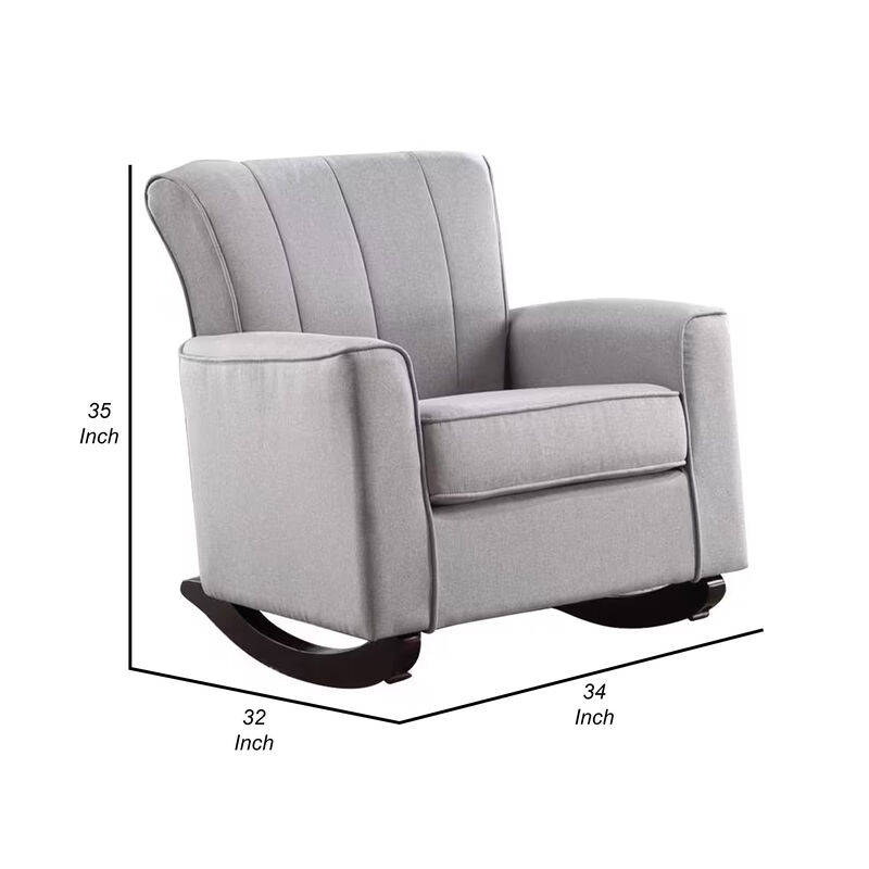 34 Inch Rocking Chair, Wood Frame, Vertical Channel Tufted Gray Linen - Benzara
