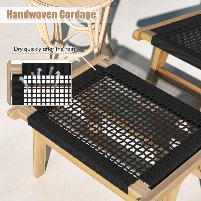 Hivvago Indoor Outdoor Ottoman Footstool Teak Wooden Foot Rest with Handwoven Cordage