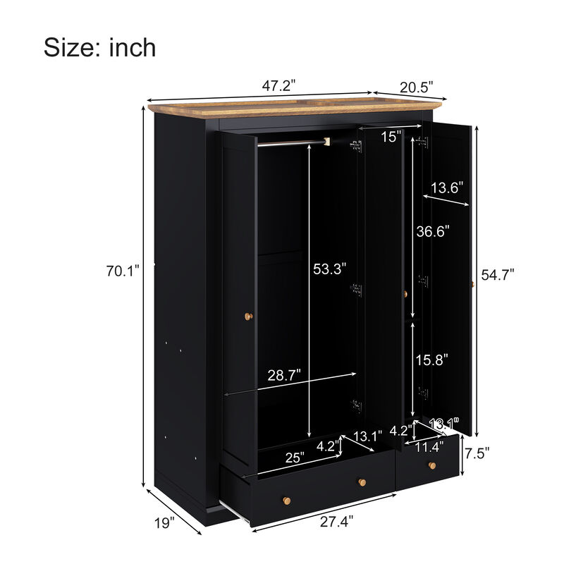 Merax Modern Wood 3 Doors Armoire Wardrobe Closet with 2 Drawers