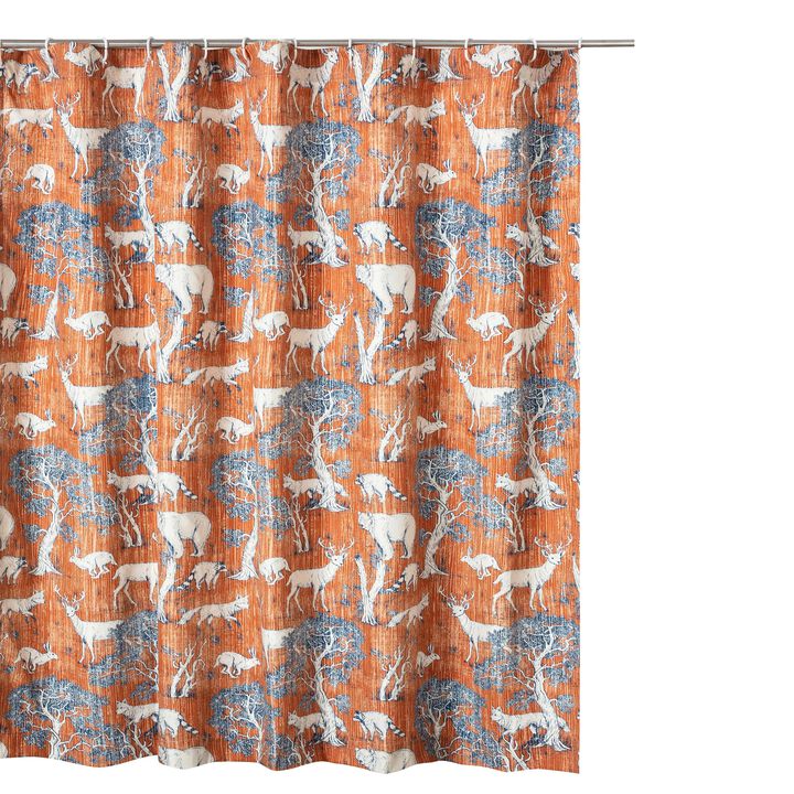 Gin 72 Inch Shower Curtain, Fun Deer and Bears Print, Orange Microfiber-Benzara
