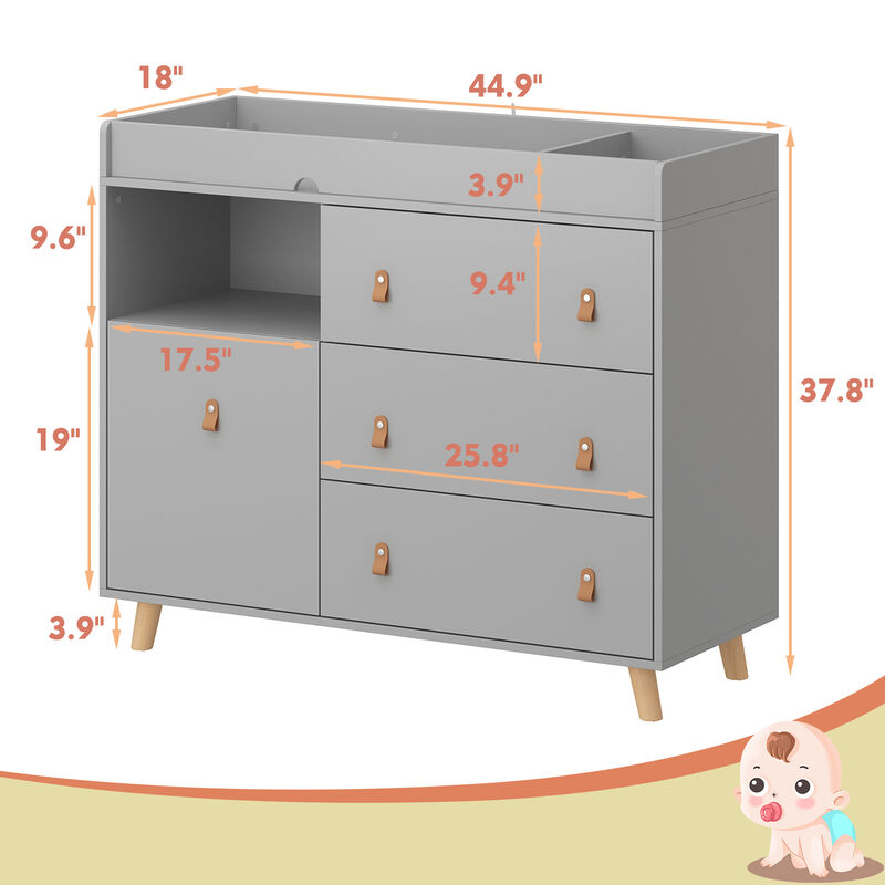 4-Drawer Gray Wood Kids Dresser Changing Table Dresser Storage Cabinet With Shelves 38 in. H x 45 in. W x 18 in. D