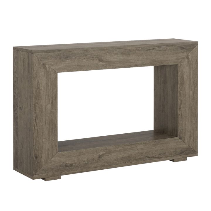 Evan Console Table, 47 Inch Rectangular Top, Rustic Gray, Open Shelf - Benzara