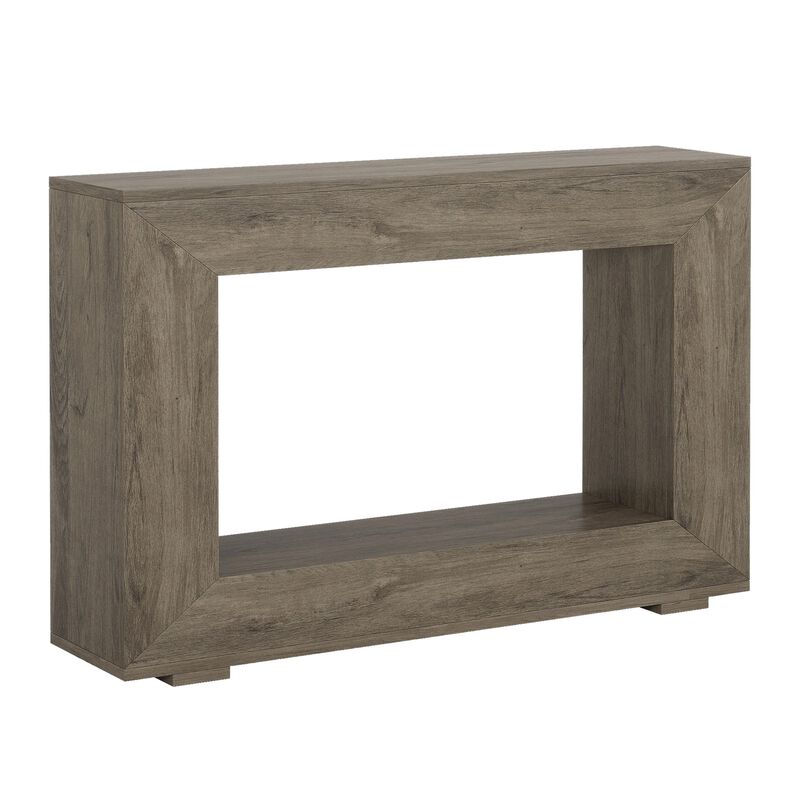Evan Console Table, 47 Inch Rectangular Top, Rustic Gray, Open Shelf - Benzara