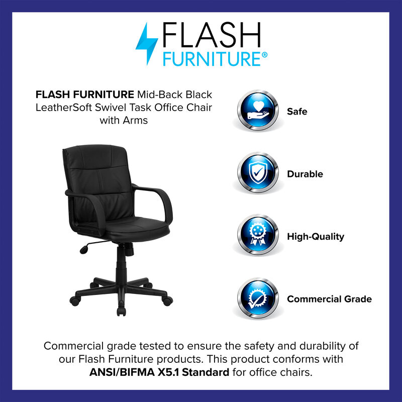 Rider Mid-Back Black LeatherSoft Swivel Task Office Chair with Arms