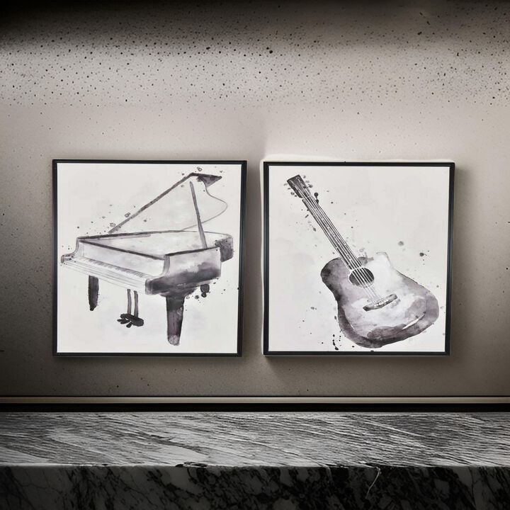 30 x 40 Framed Wall Art Painting Set of 2, Guitar and Piano, Black, White - Benzara