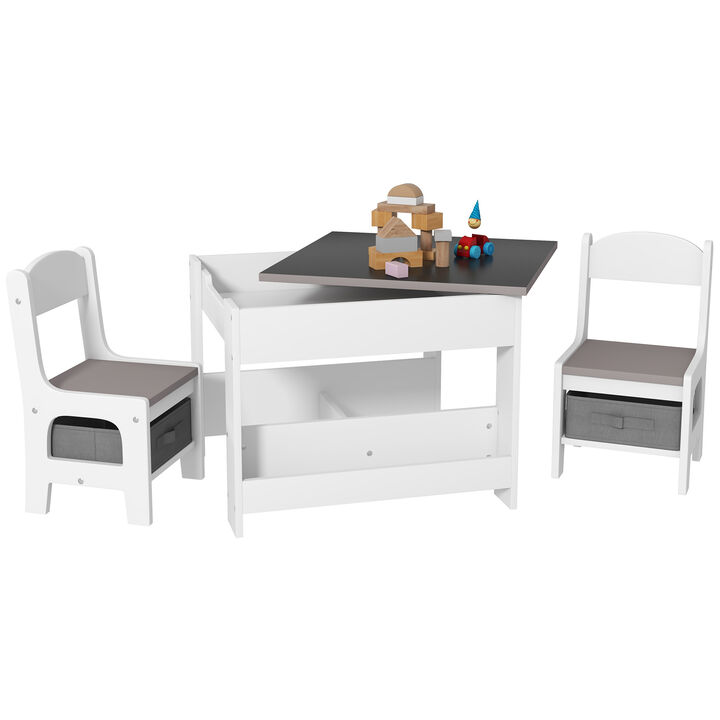 Qaba 3 Piece Kids Table and Chair Set, 3 in 1 Toddler Wooden Activity Table with Reversible Tabletop Blackboard, Storage & Bookshelves for Playroom, Nursery, Natural
