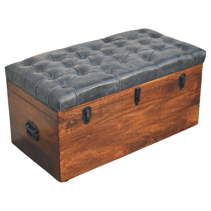 Artisan Furniture Solid Wood Black Buffalo hide leather Storage Trunk