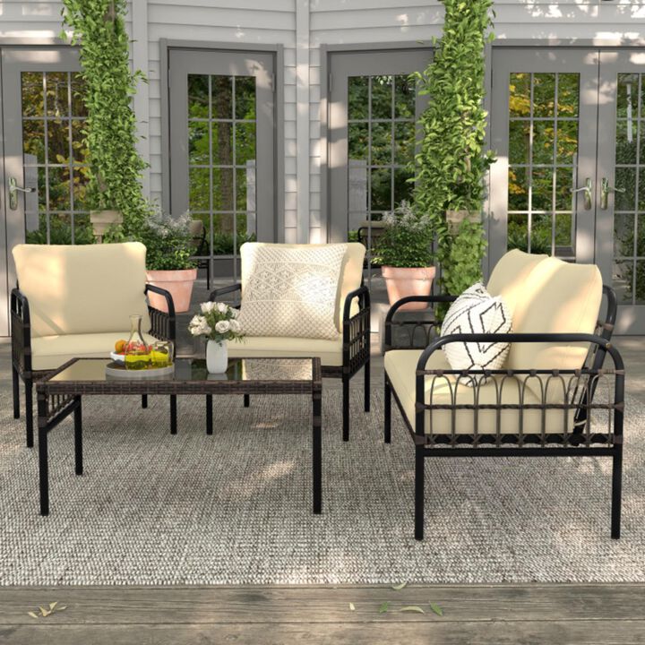 Hivvago 4 Pieces Outdoor Wicker Conversation Bistro Set with Soft Cushions and Tempered Glass Coffee Table