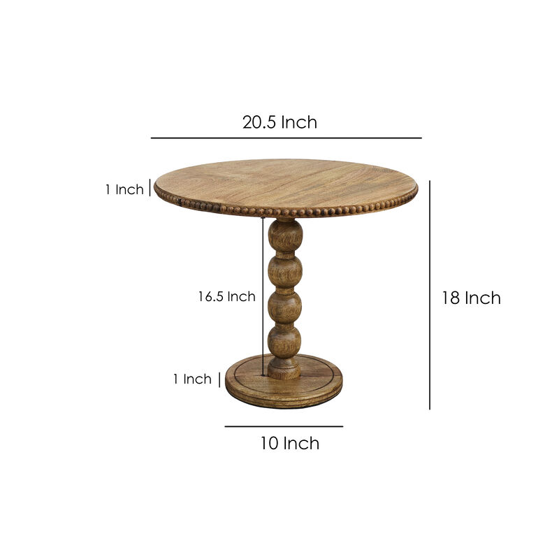 21 Inch Side End Table, Round Top, Stacked Ball Post, Natural Brown Mango Wood - Benzara