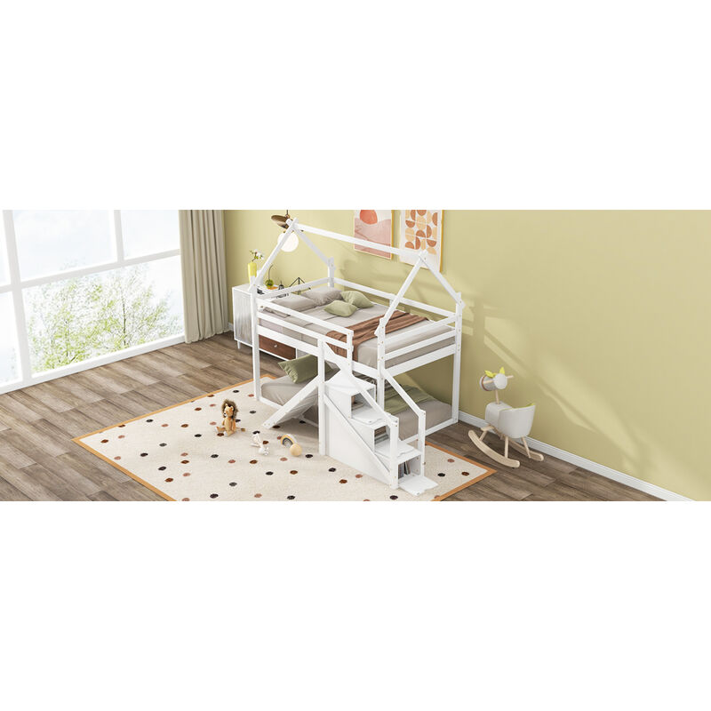 Twin Over Twin House Loft Or Bunk Bed With Slide And Staircase