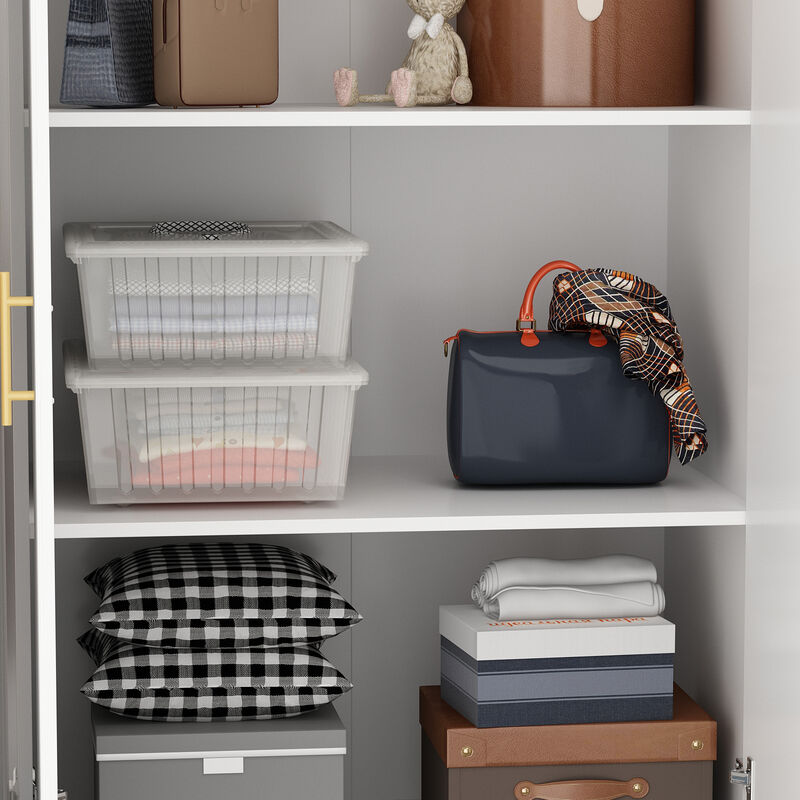 White Wood 63 in. W 4-Door Big Wardrobe Armoires with Hanging Rod, Drawers, Storage Shelves 74.2 in. H x 20.6 in. D