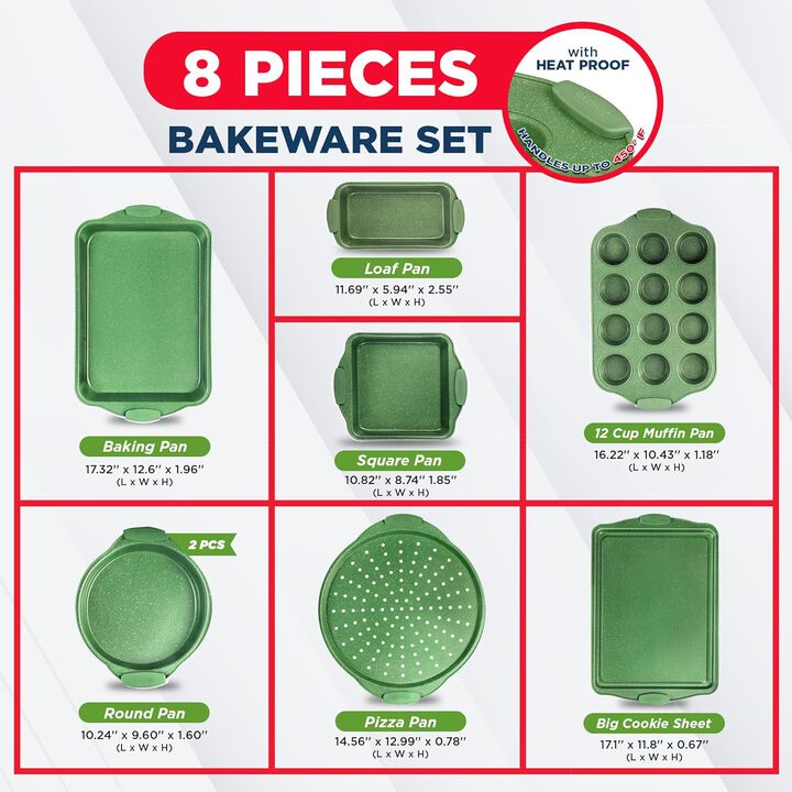 BAKKEN Kitchen Baking Pan Set - Nonstick Coating, Carbon Steel Bakeware Sets with Silicone Handles, Baking Kitchen Essentials, PFOA, PFOS, PTFE Free, Oven Safe Tray (Up To 450° F), Set of 8