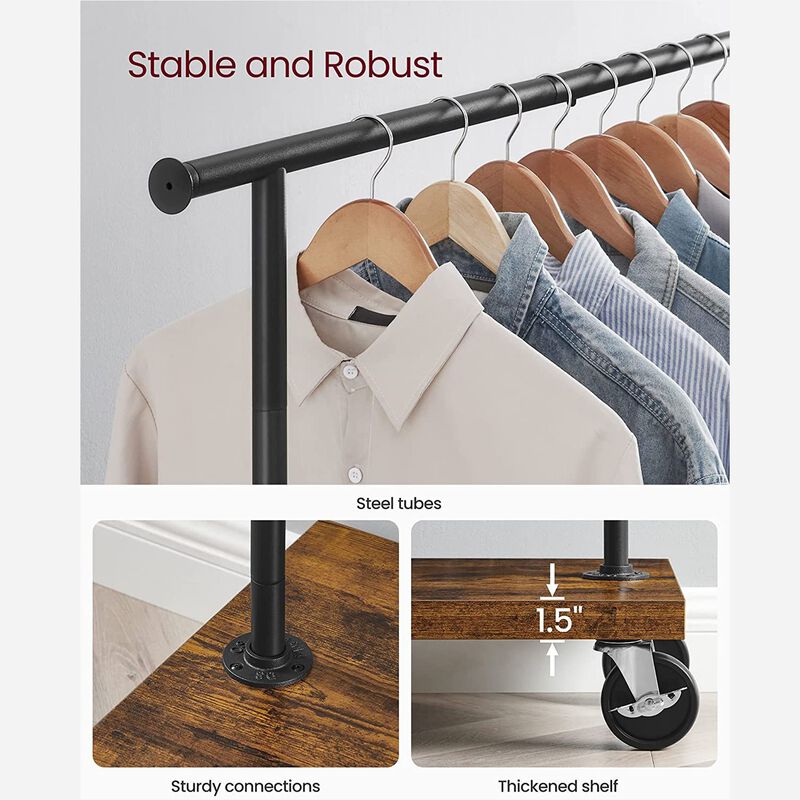Heavy-Duty Double Rod Industrial Rolling Garment Rack with Wheels & Shelf