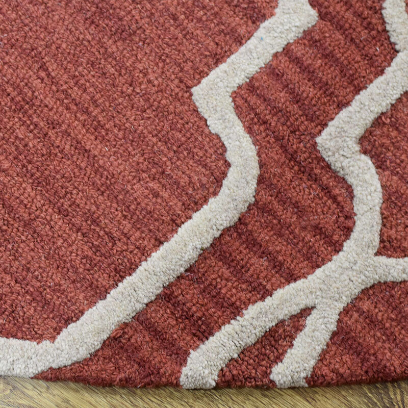 RUGSOTIC CARPETS HAND TUFTED WOOL ECO-FRIENDLY AREA RUGS  - 8'x8', Round Shape, Red & Beige, Geometric Modern Design, High Pile Thick Handmade Area Rugs for Living Room, Bed Room (K09014)