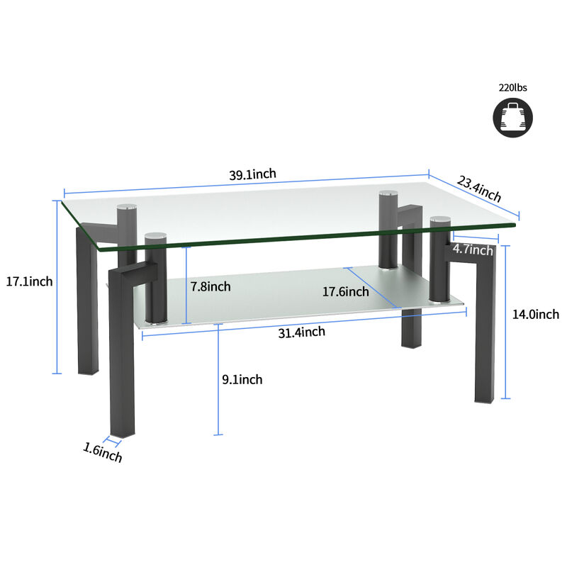 Rectangle Glass Coffee Table, Clear Coffee Table, Modern Side Center Tables
