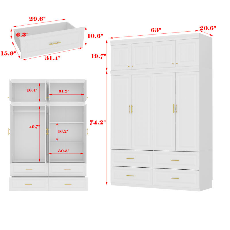 FUFU&GAGA 8-Door Wardrobe Closet with 4 Drawers, Cube Storage, and Hanging Rod - Coastal Style White Armoire Wardrobe Cabinet